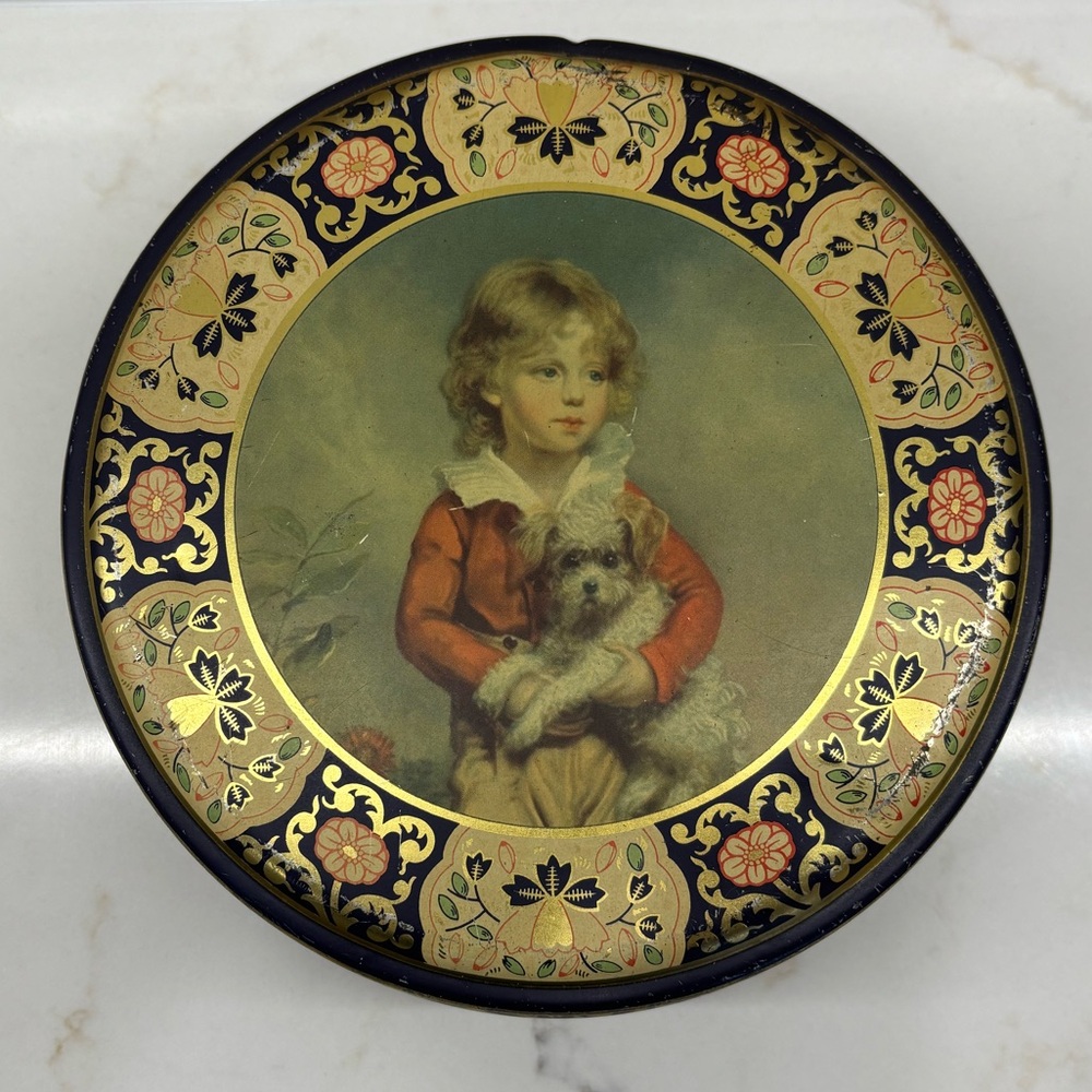 Vintage Round Peek Freen & Co. Tin with Portrait Boy and Dog by C 1950s